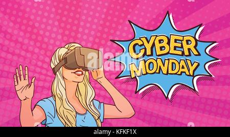 Cyber lunedì poster con donna che indossa 3d occhiali per realtà virtuale fumetti messaggio di vendita banner con pin up sullo sfondo Illustrazione Vettoriale