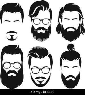 Set di silhouette uomo barbuto facce hipsters stile con tagli diversi. illustrazione vettoriale. Illustrazione Vettoriale