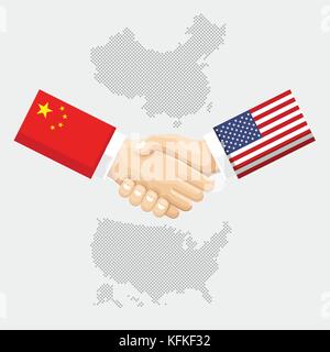 Partnership aziendale concetto di collegamento. le bandiere di Stati Uniti e Cina sovrastampata la stretta di mano. illustrazione vettoriale. Illustrazione Vettoriale