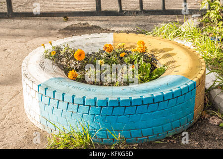 Urban letto floreale colorato e pneumatici per auto in giardino. Foto Stock