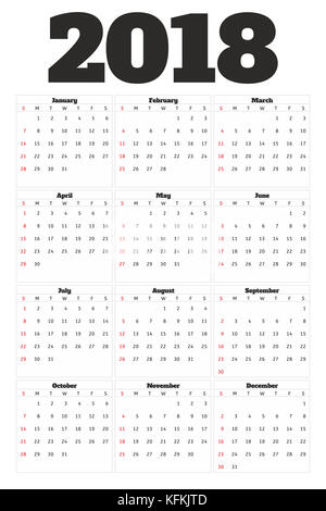 Calendario anno 2018 stile semplice. Inizia settimana da domenica Foto Stock