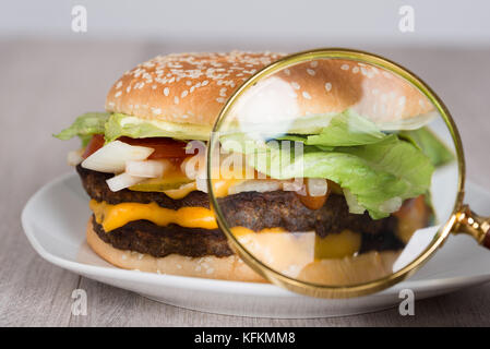 Primo piano della lente di ingrandimento esaminando burger nella piastra Foto Stock