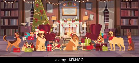 I cani in cappelli di Babbo Natale in soggiorno con pino addobbato, buon Natale e felice anno nuovo vacanze design poster Illustrazione Vettoriale