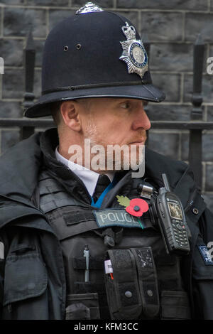 Londra, Regno Unito. Il 30 ottobre, 2017. Un poliziotto con semi di papavero sta di guardia alla porta del numero 10 di Downing Street. Londra 30 Ott 2017. Credito: Guy Bell/Alamy Live News Foto Stock