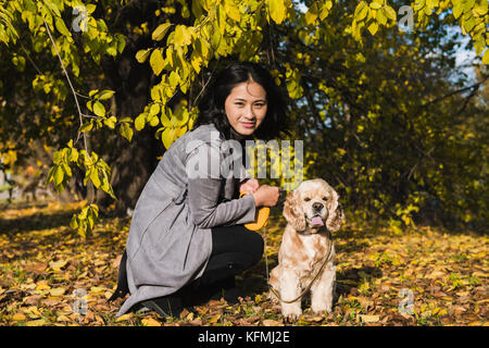 Attraente donna asiatica con il cane nel parco. caduto foglie in background. Foto Stock