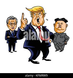 Donald Trump, Kim Jong-ONU, moon Jae-in. cartoon illustrazione vettoriale. ottobre 31, 2017 Illustrazione Vettoriale