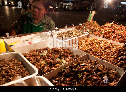 Bangkok, Tailandia - 6 dicembre 2012: un venditore ambulante vende un assortimento di insetti fritti. Foto Stock