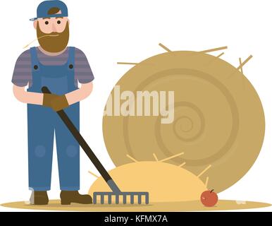 Agricoltore redneck con la barba in tuta e cappello da baseball hat lavora con rastrello e un turno covone di fieno. illustrazione vettoriale, piatto cartoon Illustrazione Vettoriale