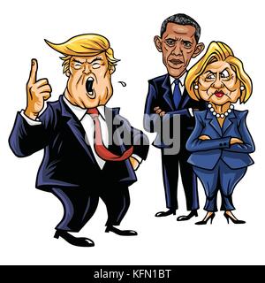 Donald Trump, Hillary Clinton e Barack Obama. cartoon caricatura illustrazione vettoriale. Novembre 1, 2017 Illustrazione Vettoriale