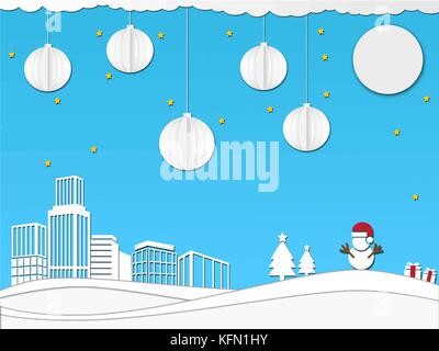 Paper art festival di Natale design concept in colore blu illustrazione vettoriale Foto Stock