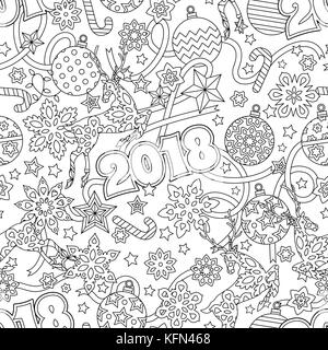 Nuovo anno 2018 disegnati a mano festosa outline seamless pattern con i fiocchi di neve e palle di Natale, cervi e stelle isolati su sfondo bianco. colorazione libro antistress per adulto. Illustrazione Vettoriale