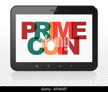 Concetto blockchain: tablet pc computer con primecoin sul display Foto Stock
