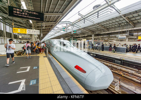 TOKYO, GIAPPONE - 3 GIUGNO 2015: Un treno proiettile Shinkansen a Tokyo, Giappone. Lo Shinkansen è la linea ferroviaria ad alta velocità più trafficata al mondo Foto Stock