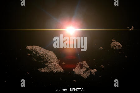 Uno sciame di asteroidi illuminata dal sole luminoso (3d'illustrazione) Foto Stock
