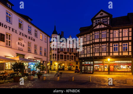Welterbestadt Quedlinburg, storico Marktplatz bei Nacht Foto Stock