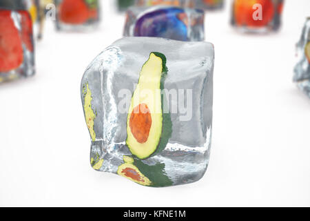 Avocado nel cubo di ghiaccio isolato su bianco con effetti di profondità di campo. cubetti di ghiaccio con frutti di bosco freschi. bacche frutti congelati in cubetti di ghiaccio, rendering 3D Foto Stock