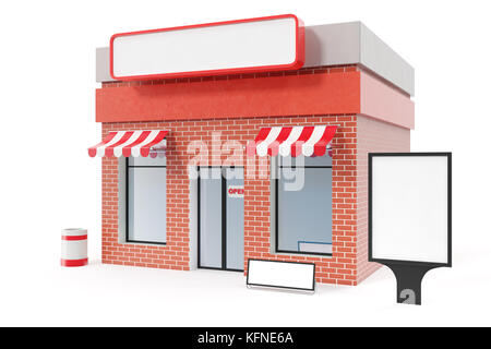 Negozio con copia scheda spazio isolato su sfondo bianco. moderni edifici shop, negozio facciate. mercato esterno. La facciata esterna store building, rendering 3D Foto Stock