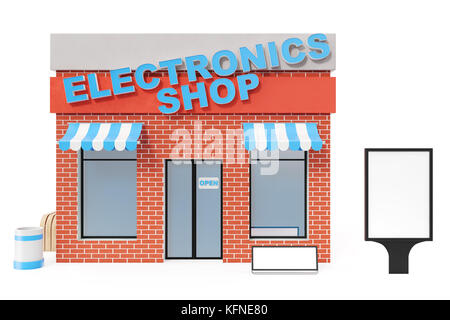 Negozio di elettronica con copia scheda spazio isolato su sfondo bianco. moderni edifici shop, negozio facciate. mercato esterno. La facciata esterna store building, rendering 3D Foto Stock