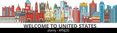 Gli Stati Uniti lo skyline di contorno, american piatta linea sottile icone, punti di riferimento, illustrazioni. Stati Uniti cityscape, american travel città banner vettore. silhouette urbana Illustrazione Vettoriale
