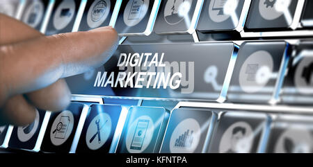 Dito che preme una interfaccia futuristico con il testo marketing digitale. concetto di business online. composite tra una fotografia e una 3d backgroun Foto Stock