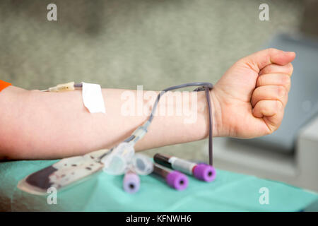 La mano di una donna che dona il sangue. femmina dà dei donatori di sangue in un mobile per la donazione del sangue centro. i campioni di sangue. Foto Stock