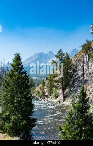 Vista panoramica del fiume di salmoni e montagne a dente di sega vicino a Stanley, Idaho, Stati Uniti d'America Foto Stock