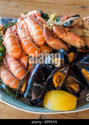 Un piatto di frutti di mare a everts sjöbod, un business offrendo oyster safaris,vitto e alloggio al di fuori di un XIX secolo boathouse nel grebbstad. Foto Stock