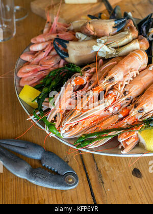 Un piatto di frutti di mare a Everts Sjöbod, un business offrendo oyster safaris,vitto e alloggio al di fuori di un XIX secolo boathouse nel Grebbestad Foto Stock