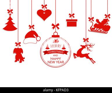 Anno nuovo natale. varie decorazioni, santa hat, renne, cuore, dono, un cane e un albero di natale isolato su bianco. illustrazione Illustrazione Vettoriale