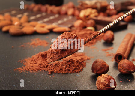 La polvere di cacao cucchiaio, pezzetti di cioccolato e mandorle, nocciola, anice star on dark backgruond Foto Stock