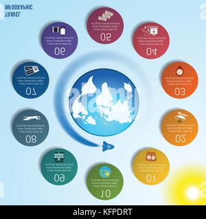 Volare razzo intorno al globo contro un cielo blu con un sole giallo brillante, 10 cerchi colorati numerati con spazio per il testo in tutto il mondo mappa, può Illustrazione Vettoriale