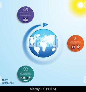 Razzo volante intorno al globo contro un cielo blu con un sole giallo brillante, 3 cerchi colorati numerati con spazio per il testo intorno alla mappa del mondo, può b Illustrazione Vettoriale
