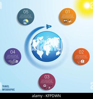 Razzo volante intorno al globo contro un cielo blu con un sole giallo brillante, 5 cerchi colorati numerati con spazio per il testo intorno alla mappa del mondo, può b Illustrazione Vettoriale