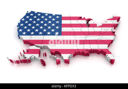 Mappa degli Stati Uniti con la bandiera. 3D render e computer immagine generata. isolato su bianco. Foto Stock