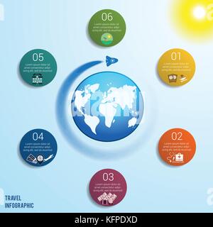 Razzo volante intorno al globo contro un cielo blu con un sole giallo brillante, 6 cerchi colorati numerati con spazio per il testo intorno alla mappa del mondo, può b Illustrazione Vettoriale