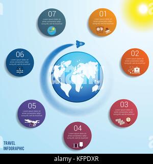 Razzo volante intorno al globo contro un cielo blu con un sole giallo brillante, 7 cerchi colorati numerati con spazio per il testo intorno alla mappa del mondo, può b Illustrazione Vettoriale