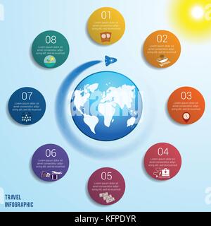 Razzo volante intorno al globo contro un cielo blu con un sole giallo brillante, 8 cerchi colorati numerati con spazio per il testo intorno alla mappa del mondo, può b Illustrazione Vettoriale