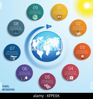 Razzo volante intorno al globo contro un cielo blu con un sole giallo brillante, 9 cerchi colorati numerati con spazio per il testo intorno alla mappa del mondo, può b Illustrazione Vettoriale