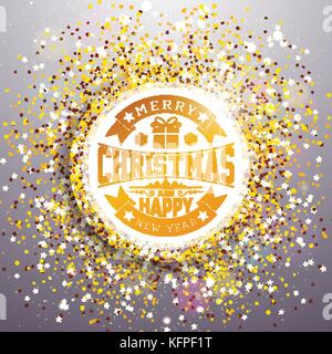 Vettore buon Natale e felice anno nuovo illustrazione con la tipografia design lucido su sfondo glitter. eps 10. Illustrazione Vettoriale