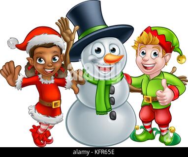 Elf Santas Helpers Natale e Snowman Illustrazione Vettoriale