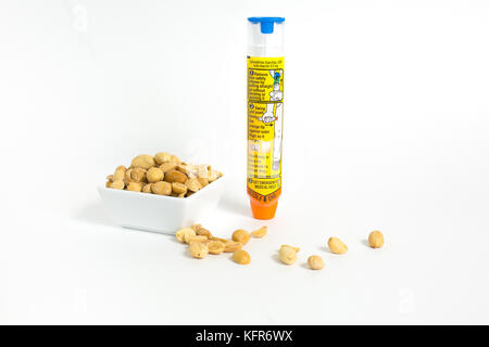 SAINT LOUIS, Stati Uniti - 18 Ottobre 2017: EpiPen auto-iniettore lungo con un allergene comune di arachidi. Foto Stock