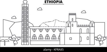 Etiopia architettura edifici skyline, silhouette, delineano il paesaggio, Landmarks. corse modificabile. Urban Skyline illustrazione. design piatto vettore, concetto di linea Illustrazione Vettoriale