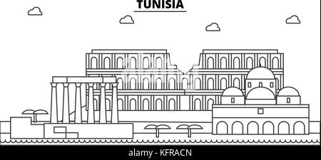 Tunisia architettura edifici skyline, silhouette, delineano il paesaggio, Landmarks. corse modificabile. Urban Skyline illustrazione. design piatto vettore, concetto di linea Illustrazione Vettoriale