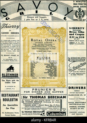 Koanga da Federico Delius - programma di copertura. Royal Opera House Covent Garden di Londra per il 3 ottobre 1935 le prestazioni. (John Brownlee nel ruolo del titolo, condotta da Thomas Beecham.) RD - compositore inglese, 29 Gennaio 1862 - 10 giugno 1934. Foto Stock