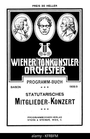 Wiener Tonkünstler - Programma dei concerti. Coperchio anteriore. La stagione 1908-09. Austriaco società orchestrale, fondata 1771. Sciolti in 1933.v Foto Stock