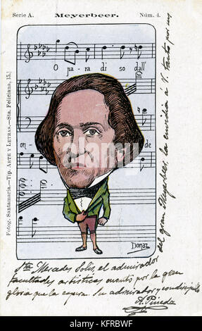 Giacomo Meyerbeer - caricatura e il punteggio. Compositore tedesco, 5 settembre 1791 - 2 maggio 1864. Punteggio è 'O Paradiso' da 'L Africaine'. Foto Stock