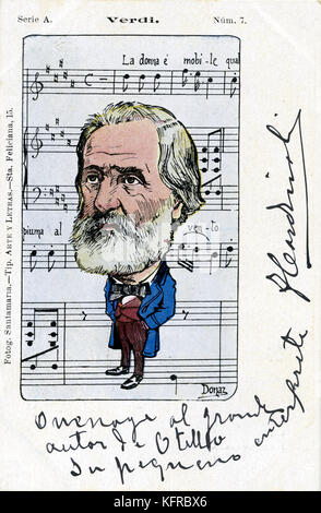 Giuseppe Verdi - caricatura e il punteggio. Compositore italiano, 9 o 10 Ottobre 1813 - 27 gennaio 1901. Punteggio ottenuto è " La donna è mobile' da "Rigoletto". Foto Stock