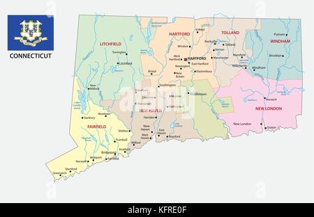 Connecticut politica e amministrativa di mappa con bandiera Illustrazione Vettoriale