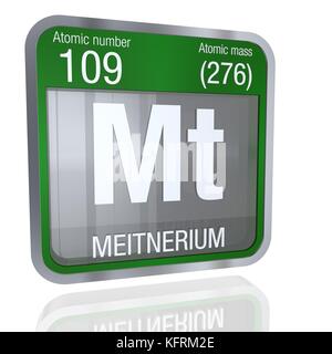 Simbolo Meitnerium di forma quadrata con bordo metallico e sfondo trasparente con riflesso sul pavimento. Rendering 3D. Numero elemento 109 del Foto Stock