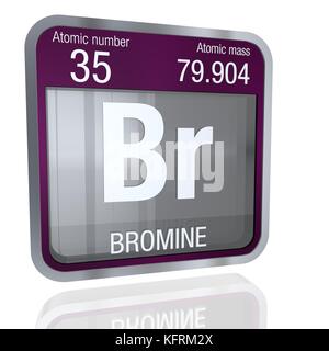 Simbolo bromo di forma quadrata con bordo metallico e sfondo trasparente con riflesso sul pavimento. Rendering 3D. Elemento numero 35 del Peri Foto Stock